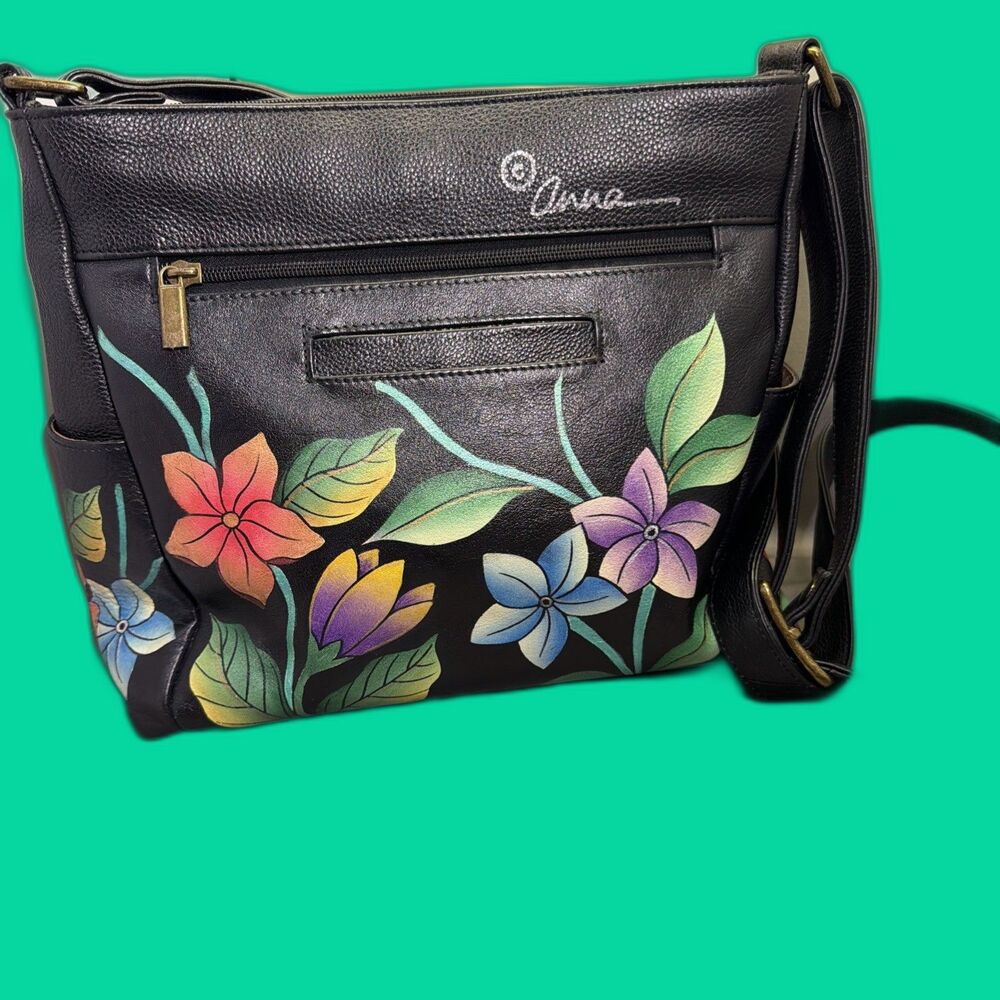 Anna by Anuschka Hand-Painted Leather Crossbody - Birds in Paradise Black Purse